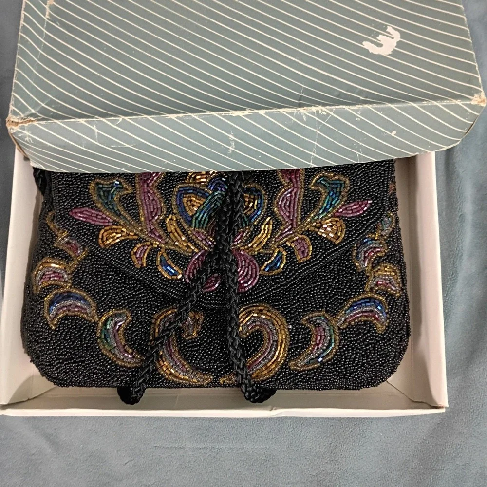 Lillian Vernon Vintage Beaded Evening Bag Black Floral Crossbody Clutch LV6751